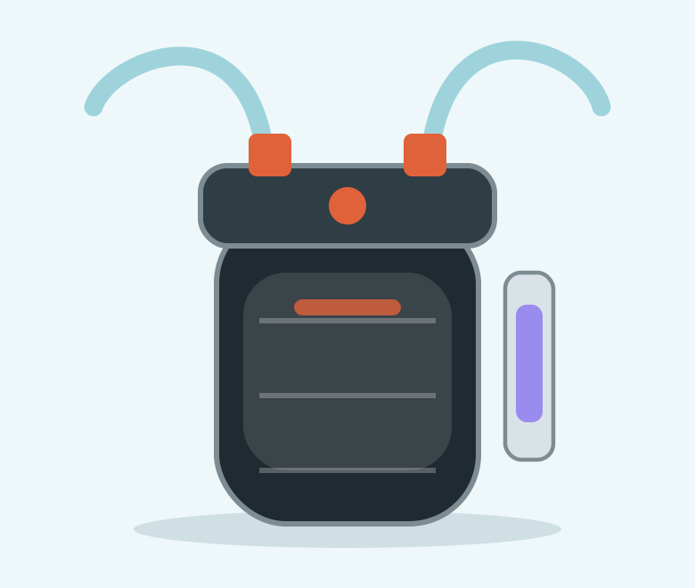 Illustration of a large black canister filter with orange accents and a side UV unit