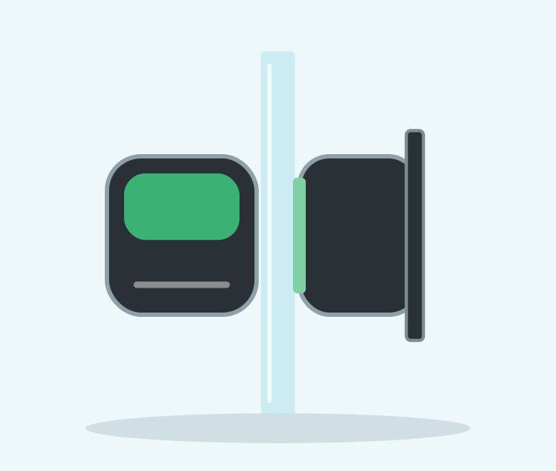 Illustration of a black and green two-piece magnetic algae cleaner with a curved scrub pad