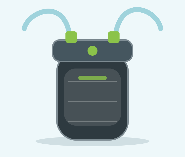 Illustration of a large charcoal canister filter with lime green valves