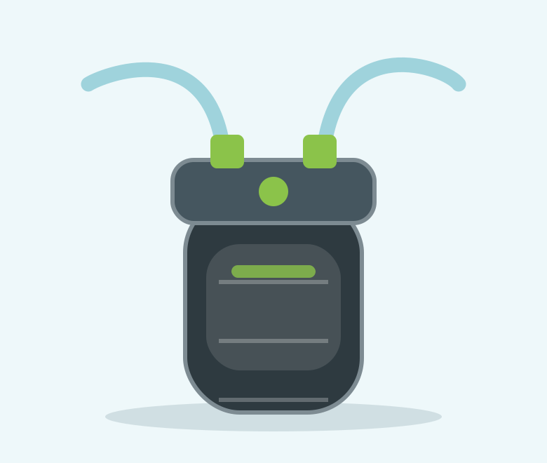 Illustration of a compact charcoal canister filter with lime green valves
