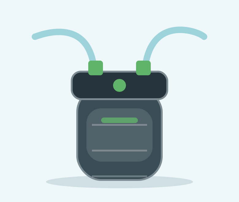 Illustration of a round dark grey canister filter with green valves