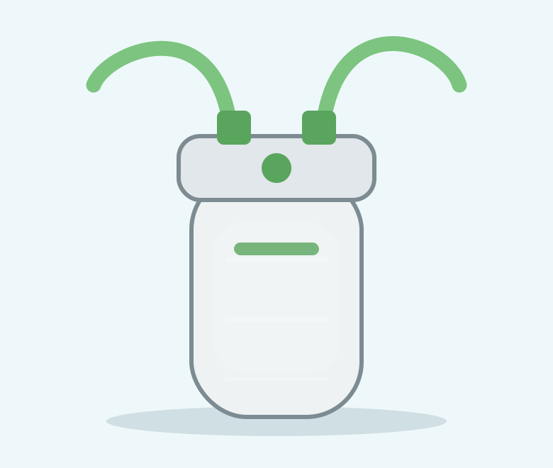 Illustration of a slim light grey canister filter with green hoses