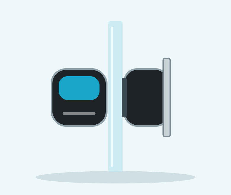 Illustration of a black and blue two-piece magnetic algae cleaner on aquarium glass