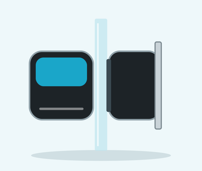 Illustration of a large black and blue two-piece magnetic algae cleaner on aquarium glass