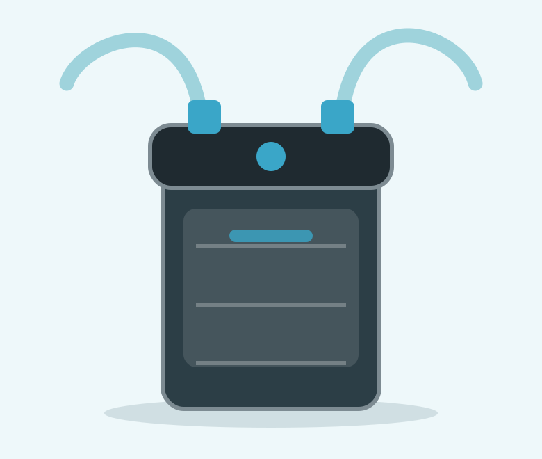 Illustration of a tall rectangular black canister filter with blue valves