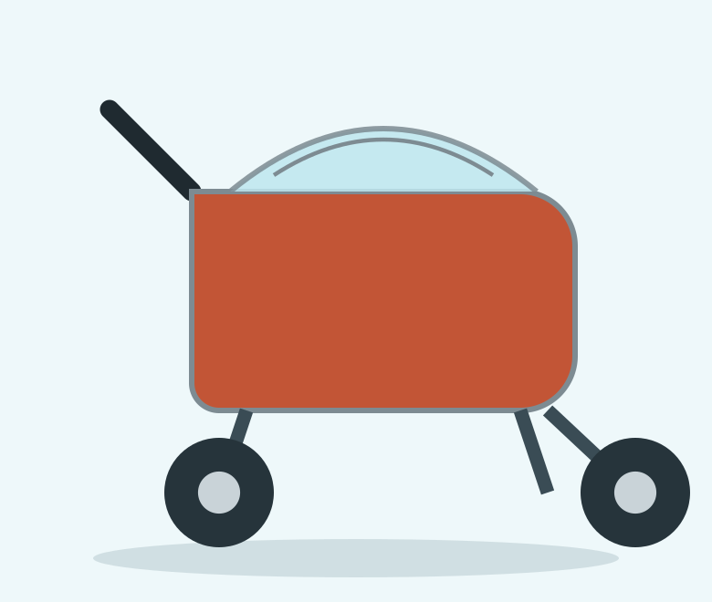 Illustration of a red jogging pet stroller with large wheels