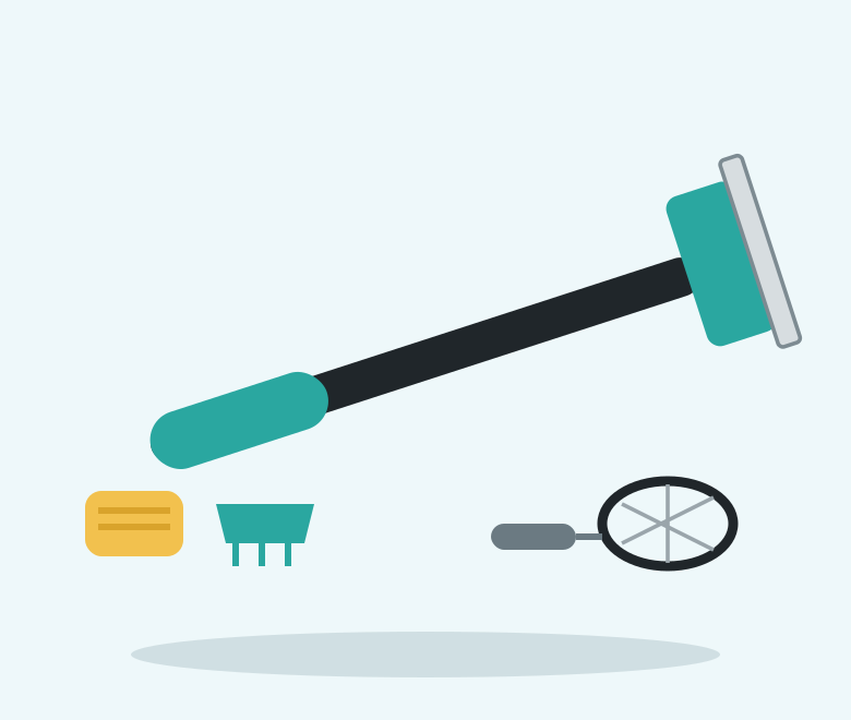 Illustration of a telescoping cleaning tool with scraper, sponge, rake, brush and net heads