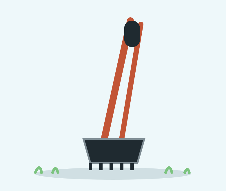 Illustration of a long handled jaw style poop scoop with red handles