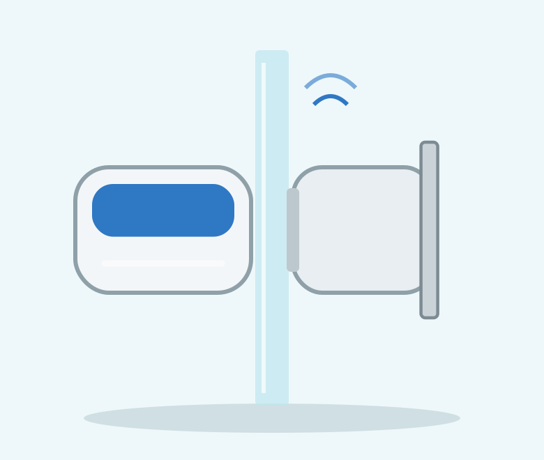 Illustration of a white and blue floating magnetic glass cleaner with scraper blade