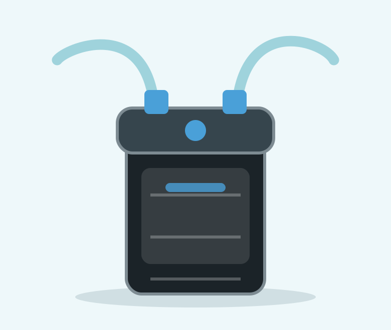 Illustration of a black canister filter with a grey lid and blue prime button