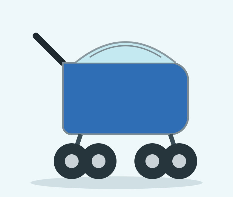 Illustration of a blue four wheel pet stroller with big tires