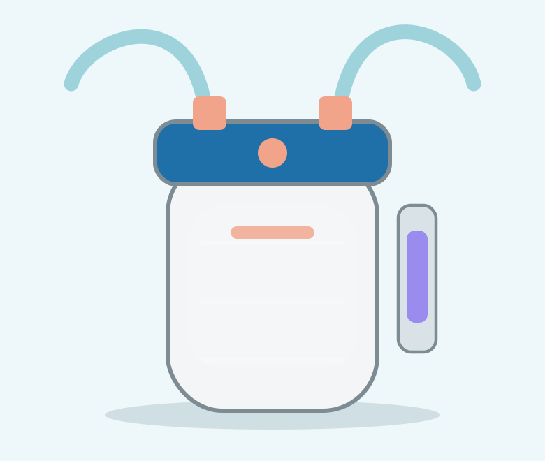 Illustration of a large white canister filter with a blue lid and side UV unit