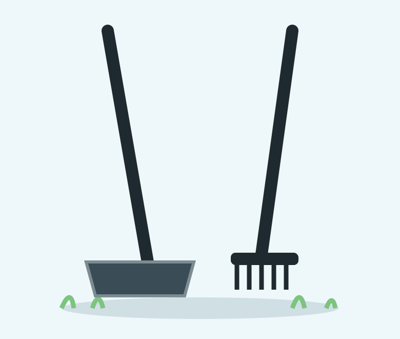 Illustration of a black plastic rake and spade with a pan