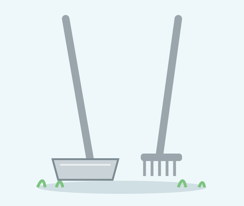 Illustration of a chrome steel rake and pan scooper set