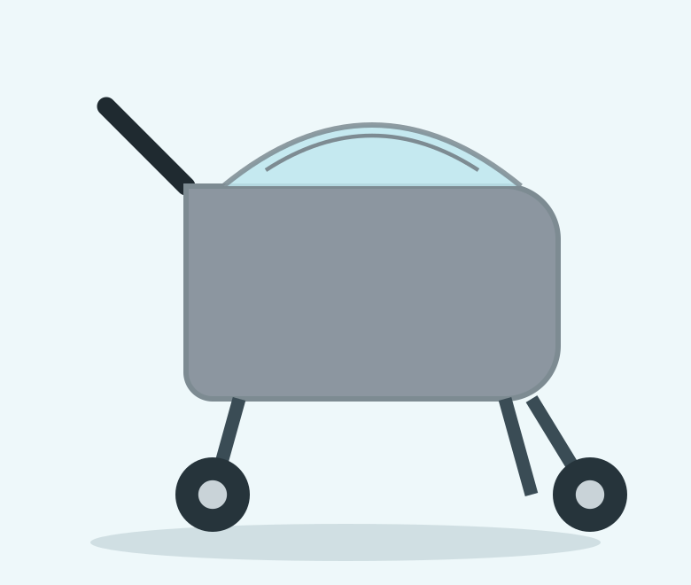 Illustration of a grey three wheel pet stroller with a mesh canopy