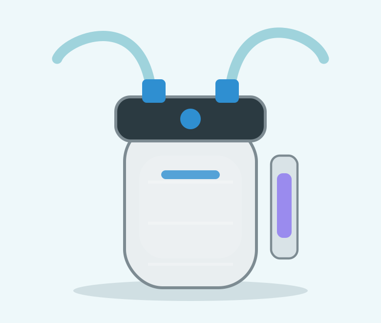 Illustration of a white canister filter with a dark lid and a side UV unit